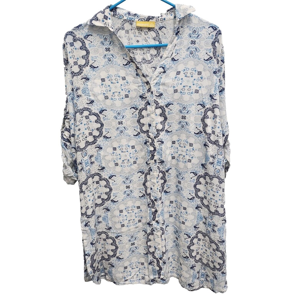 Mustard Womens Lagenlook Tunic‎ Top Size 16 Blue White Floral Tab Sleeve Coastal